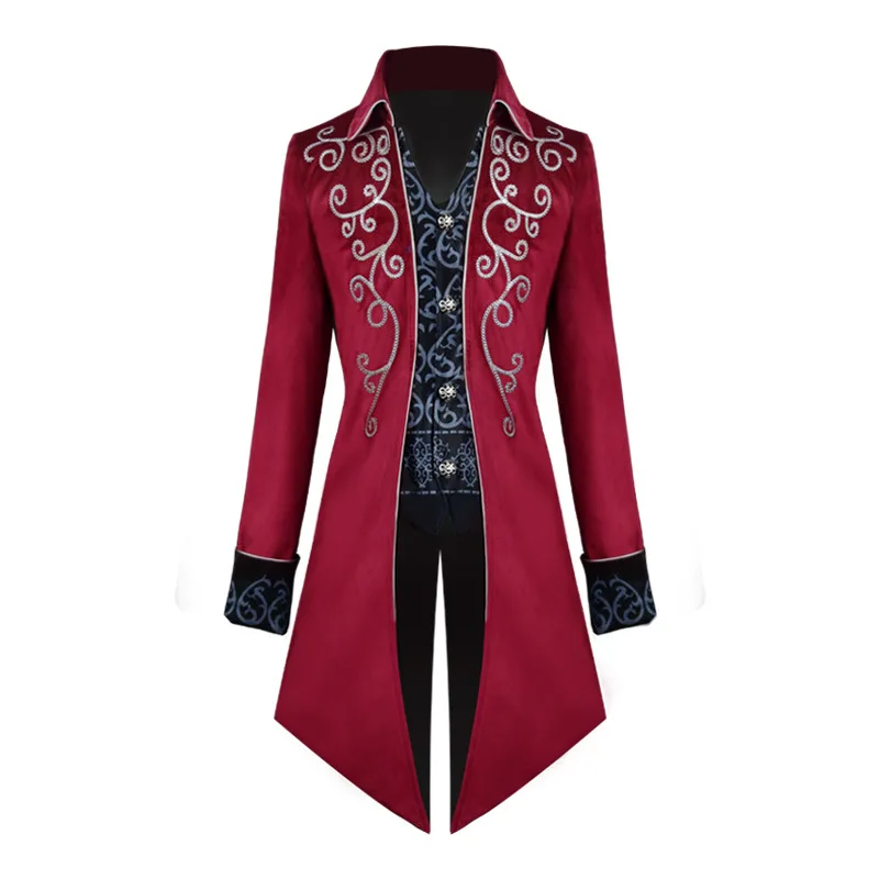 Manteau gothique Renaissance bordeaux avec broderies blanches en spirale sur le devant et poignets noirs brodés, modèle Sorrowstreamia