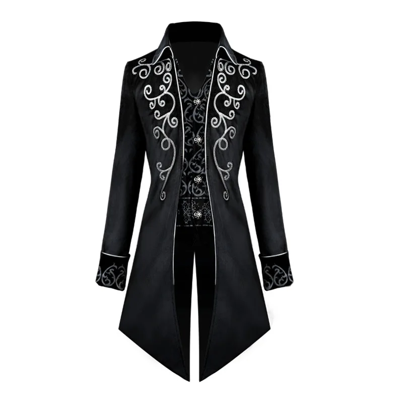 Manteau gothique Renaissance noir en velours avec broderies blanches ornementales sur le col, les manches et le devant, modèle Sorrowstreamia