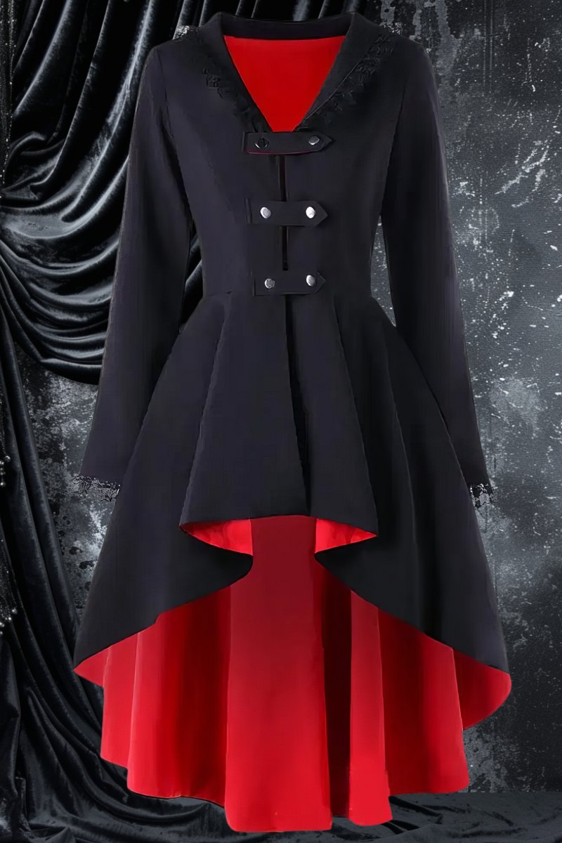 Manteau gothique victorien long noir avec doublure rouge, coupe asymétrique et col à revers, modèle Shadowlurkia