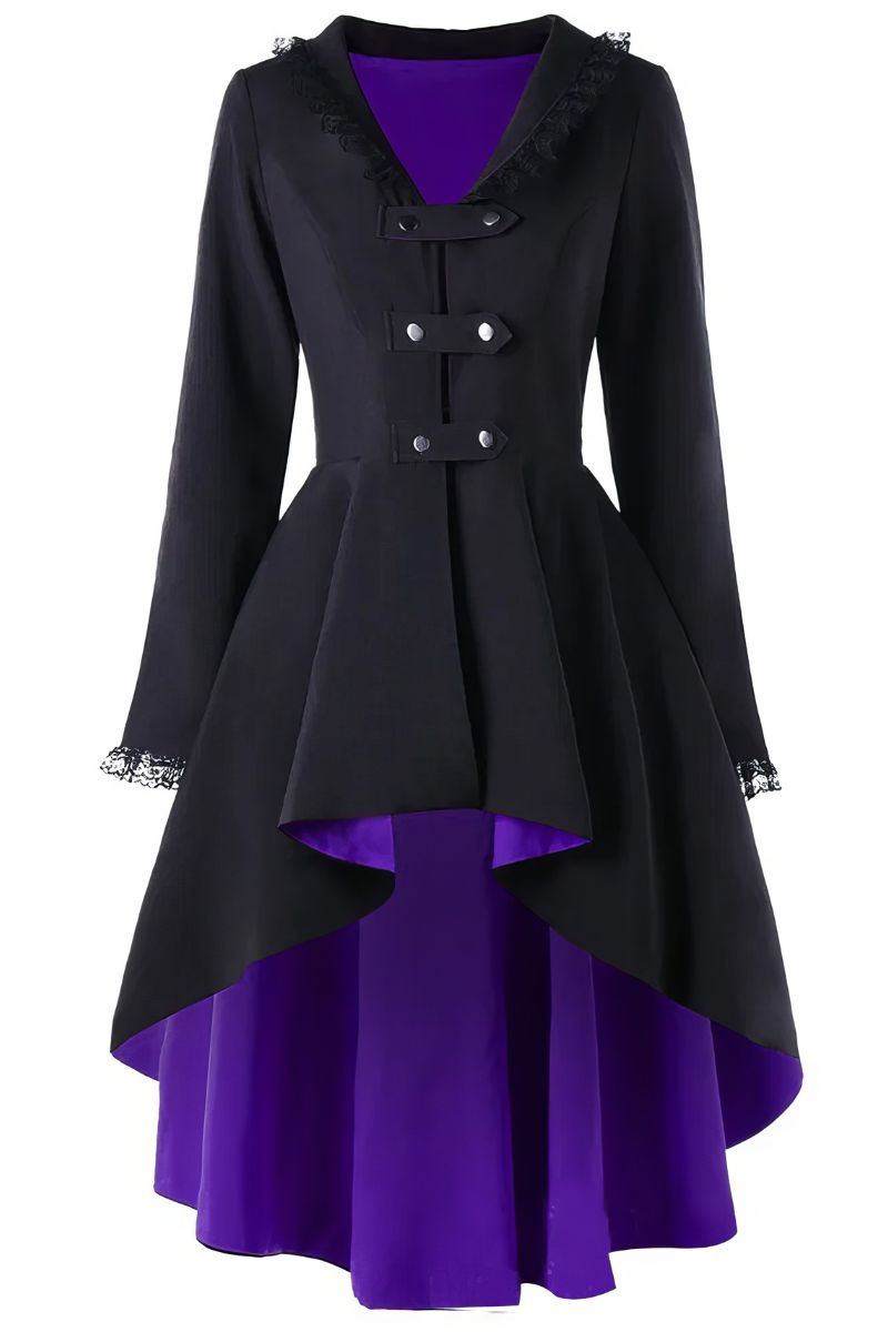 Manteau gothique victorien long noir avec doublure violette, col en V orné de dentelle noire, manches longues avec bordure en dentelle, coupe évasée asymétrique devant