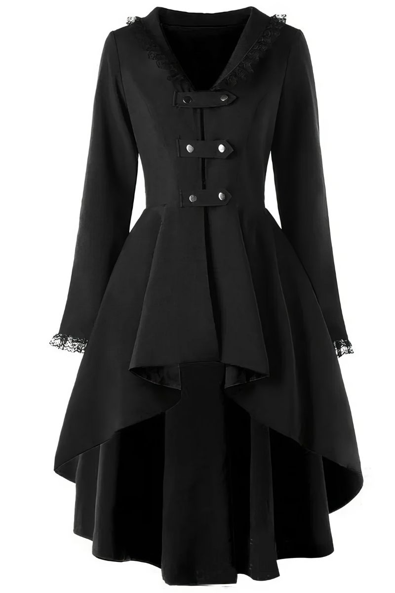 Manteau gothique victorien long Shadowlurkia noir avec col en V, fermeture double boutonnage et dentelle noire aux poignets