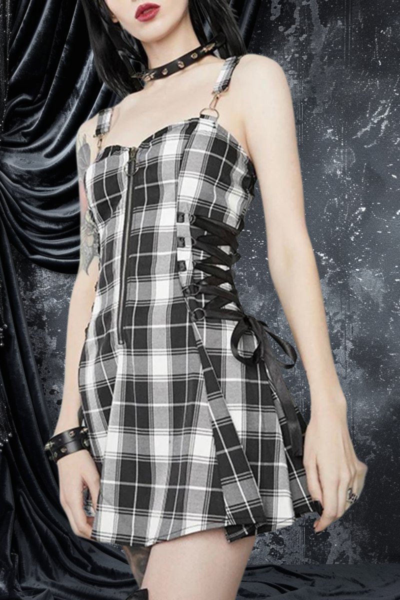 Robe gothique à carreaux noire et blanche avec laçage latéral et bretelles fines, modèle AbyssWatcher