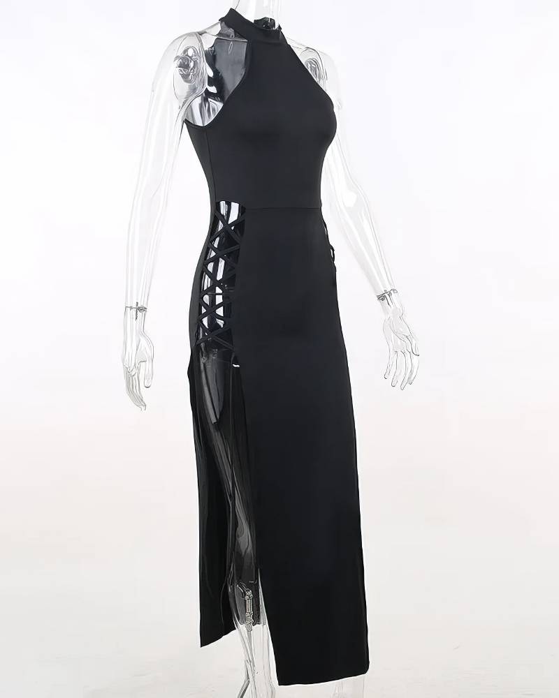 Robe gothique fendue sexy noire avec laçage sur le côté, coupe longue ajustée et col montant, modèle BlackBanshee