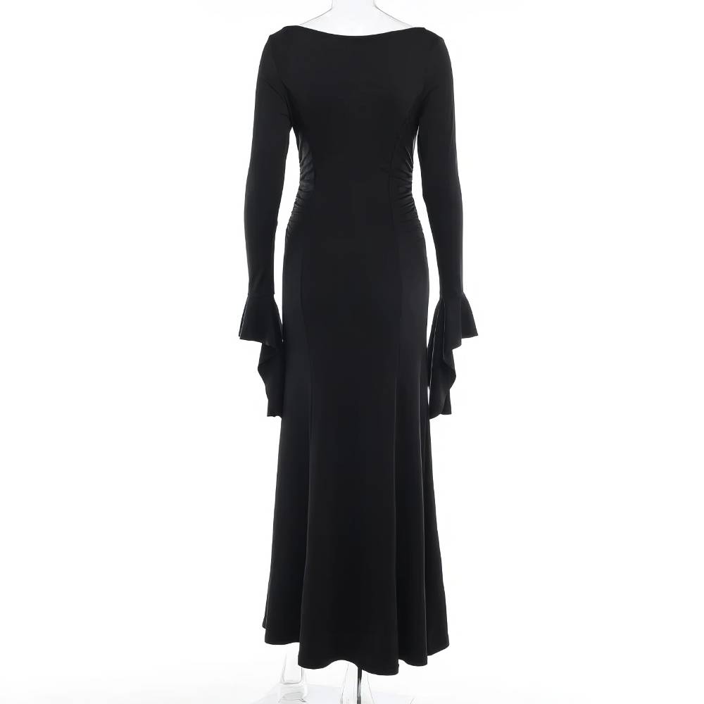 Robe gothique médiévale noire en velours avec manches longues évasées vue de dos