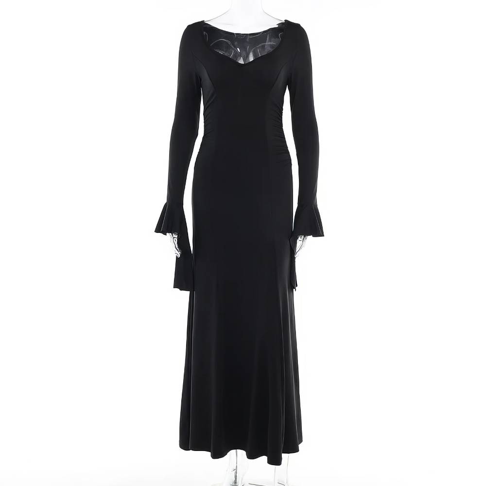 Robe gothique médiévale noire RebelResonance en velours avec col en simili cuir et manches longues évasées