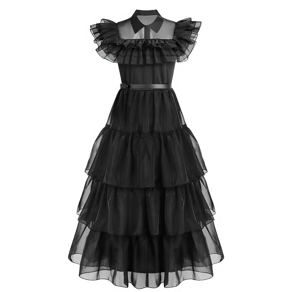 Robe gothique noire Youngster style Mercredi Addams avec col chemise et volants en tulle superposés